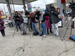 Chicago news media at Arab Chamber Press Conference at store at 3759 W. Chicago Avenue in Chicago closed May 3, 2021 for no reason