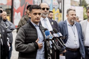 Store owner Ahmad Mohsin, Chamber President Hassan Nijem, and Chamber board member Maher Khattib tell news media about new wave of racist closures ordered by Chicago Mayor Lori Lightfoot